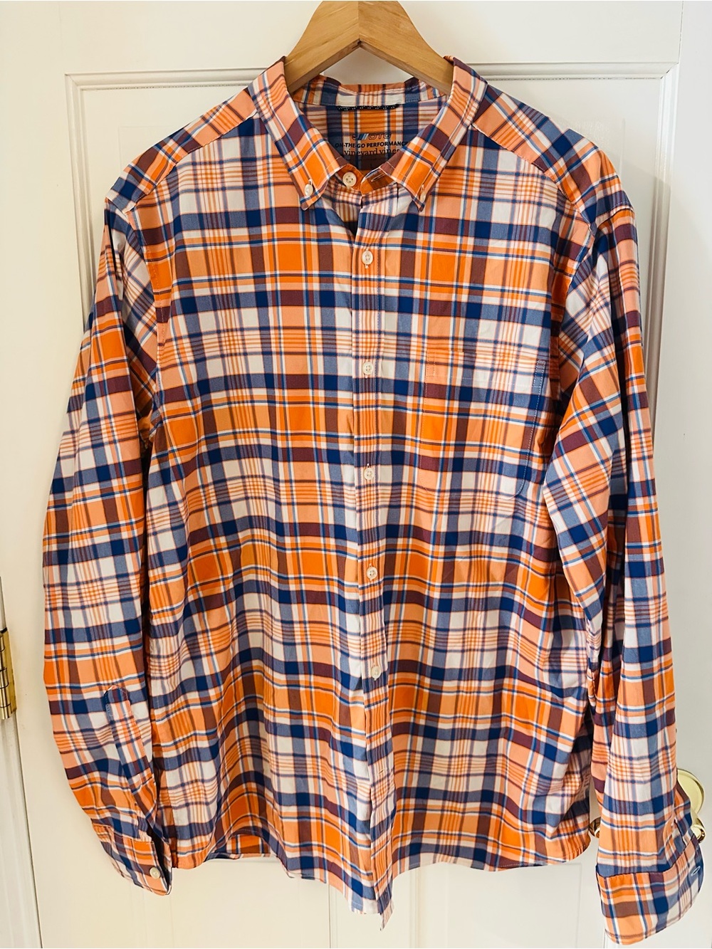 Vineyard Vines Men's Orange and Navy Plaid Button-Down Shirt